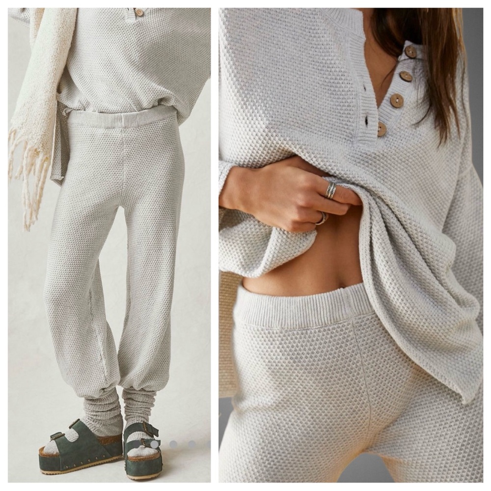 FREE PEOPLE Hailee Waffle Knit Wide Leg Relaxed Pull On Pants in Light Grey sz S - Picture 3 of 13